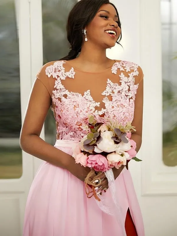 Lace Applique Chiffon Long Bridesmaid Dresses Scoop Neck Formal Evening Gown A Line High Slit Wedding Party Dress