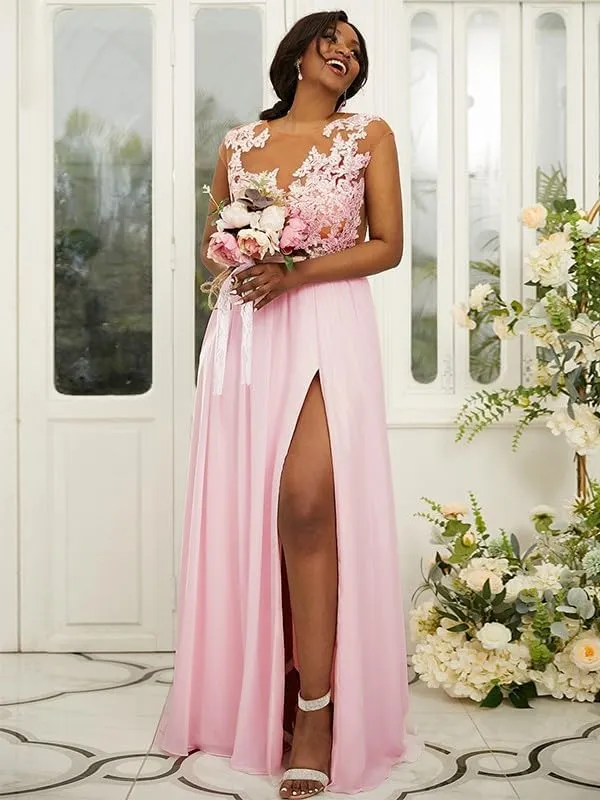 Lace Applique Chiffon Long Bridesmaid Dresses Scoop Neck Formal Evening Gown A Line High Slit Wedding Party Dress