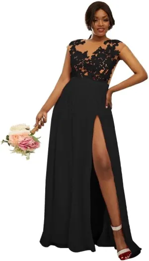 Lace Applique Chiffon Long Bridesmaid Dresses Scoop Neck Formal Evening Gown A Line High Slit Wedding Party Dress