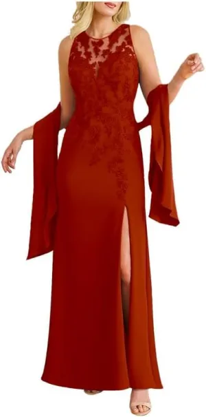Lace Applique Mother of The Bride Dresses for Wedding Women's Long Chiffon Beaded Formal Evening Gown with Slit