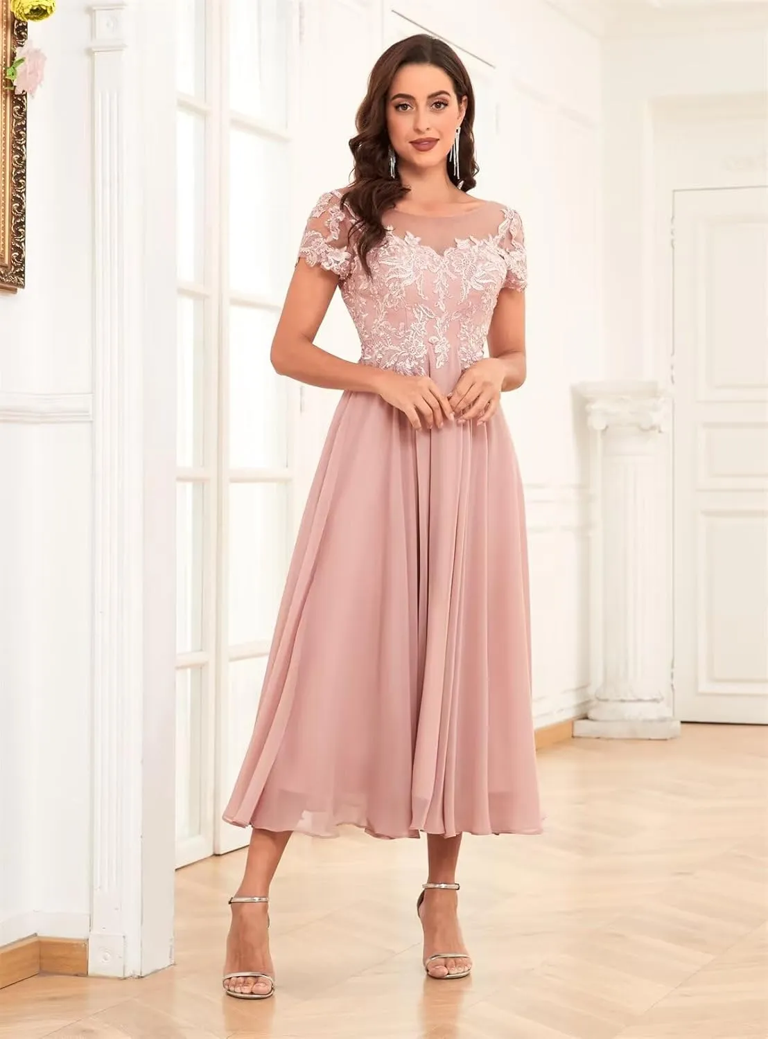 Lace Appliques Chiffon Mother of The Bride Dresses for Wedding Tea Length Elegant Formal Dresses for Women