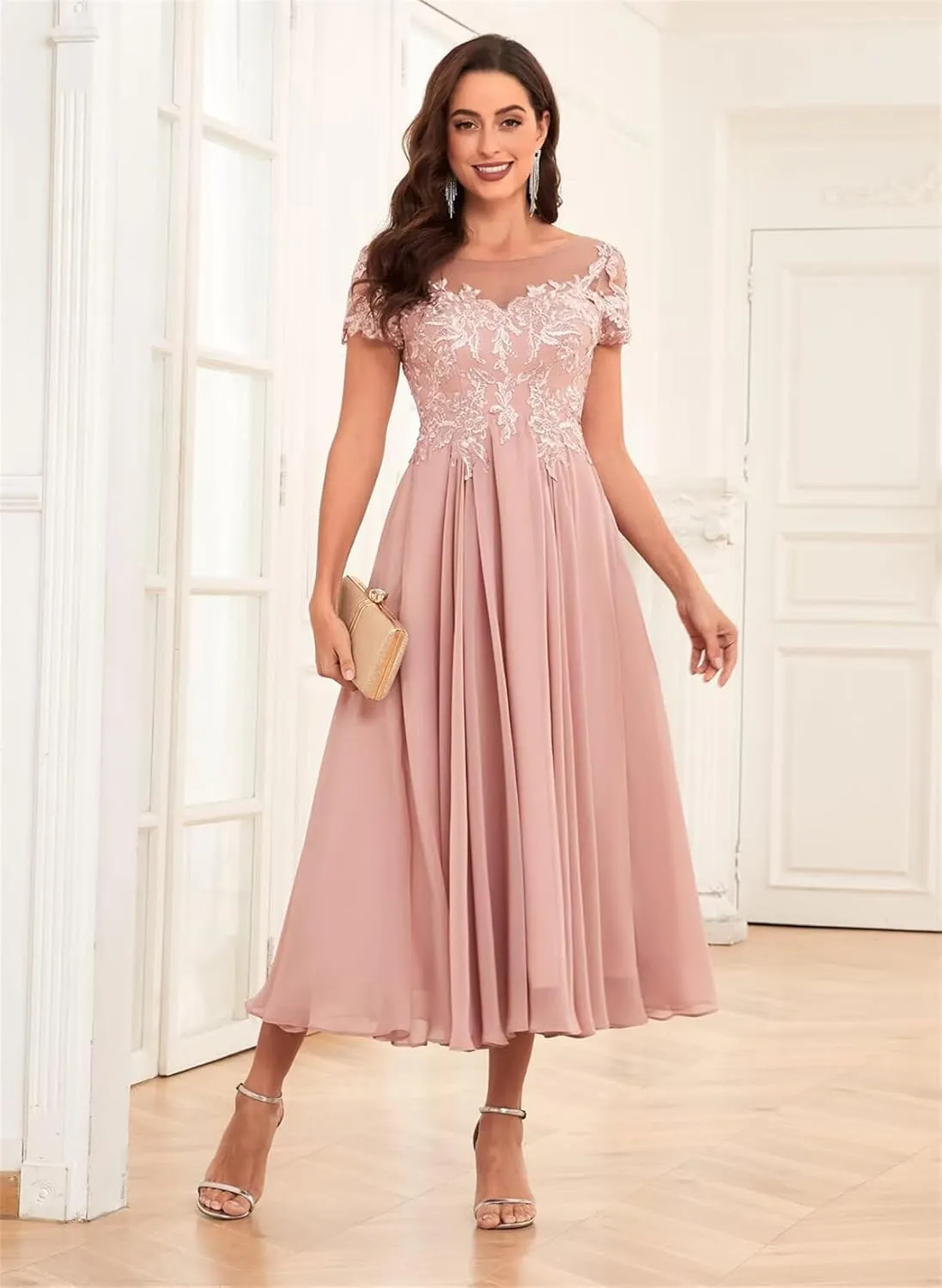 Lace Appliques Chiffon Mother of The Bride Dresses for Wedding Tea Length Elegant Formal Dresses for Women