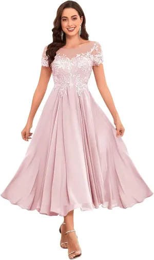 Lace Appliques Chiffon Mother of The Bride Dresses for Wedding Tea Length Elegant Formal Dresses for Women