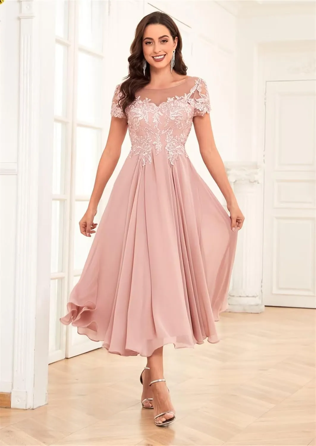 Lace Appliques Chiffon Mother of The Bride Dresses for Wedding Tea Length Elegant Formal Dresses for Women