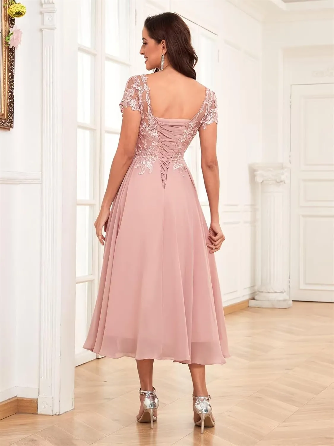 Lace Appliques Chiffon Mother of The Bride Dresses for Wedding Tea Length Elegant Formal Dresses for Women