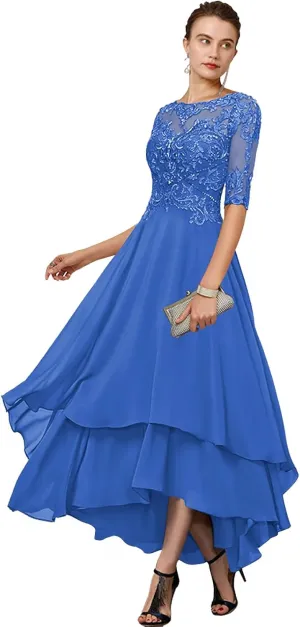 Lace Appliques Mother of The Bride Dress Half Sleeve A Line Tea Length Formal Dresses with Pockets for Women