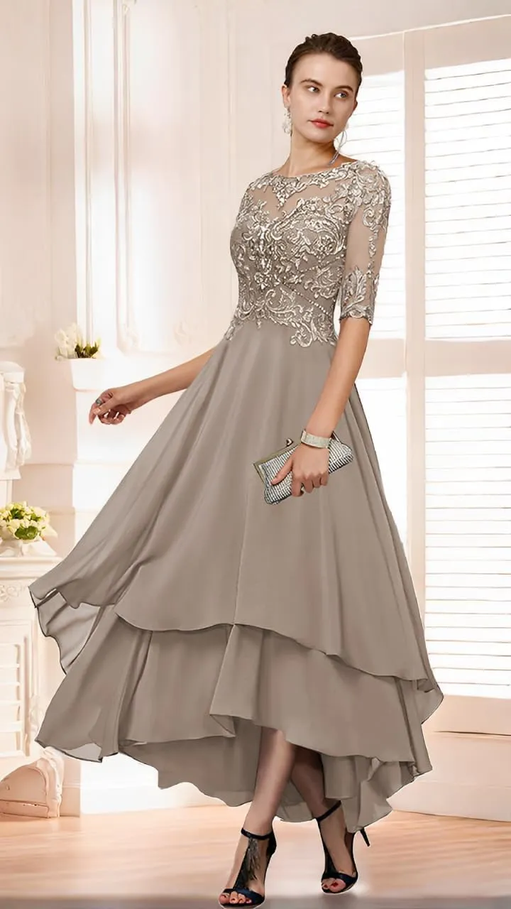 Lace Appliques Mother of The Bride Dress Half Sleeve A Line Tea Length Formal Dresses with Pockets for Women