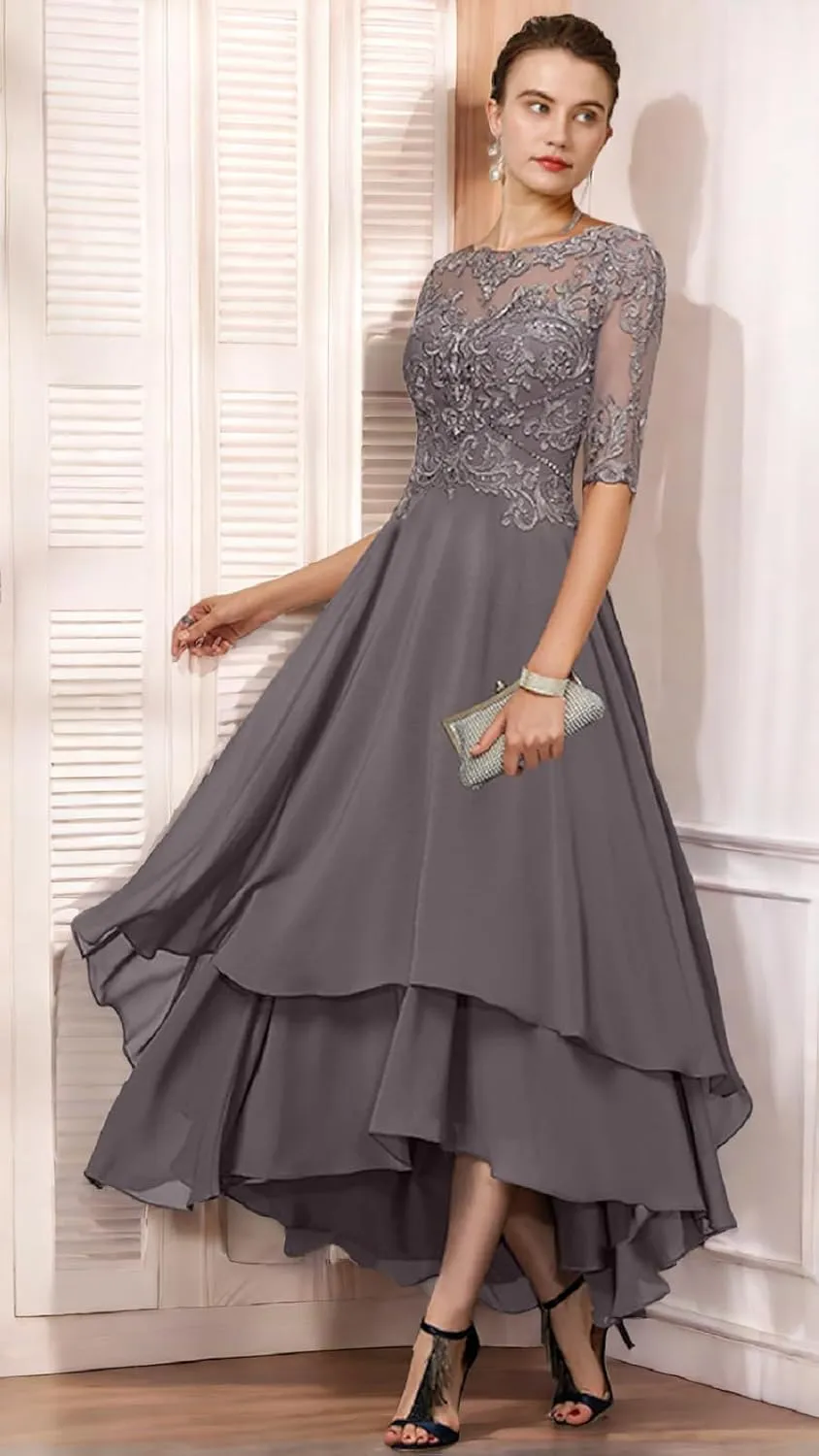 Lace Appliques Mother of The Bride Dress Half Sleeve A Line Tea Length Formal Dresses with Pockets for Women