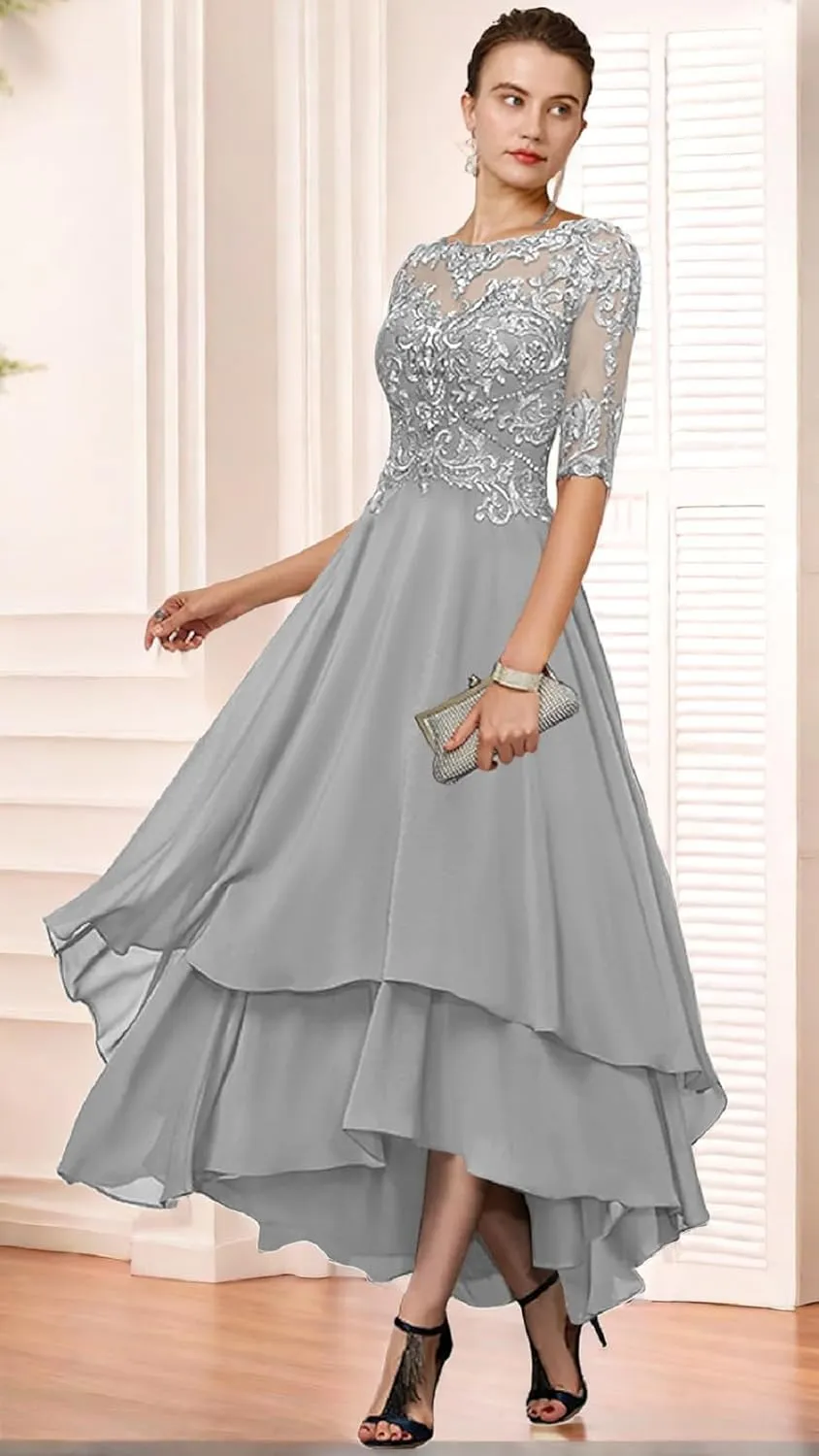 Lace Appliques Mother of The Bride Dress Half Sleeve A Line Tea Length Formal Dresses with Pockets for Women