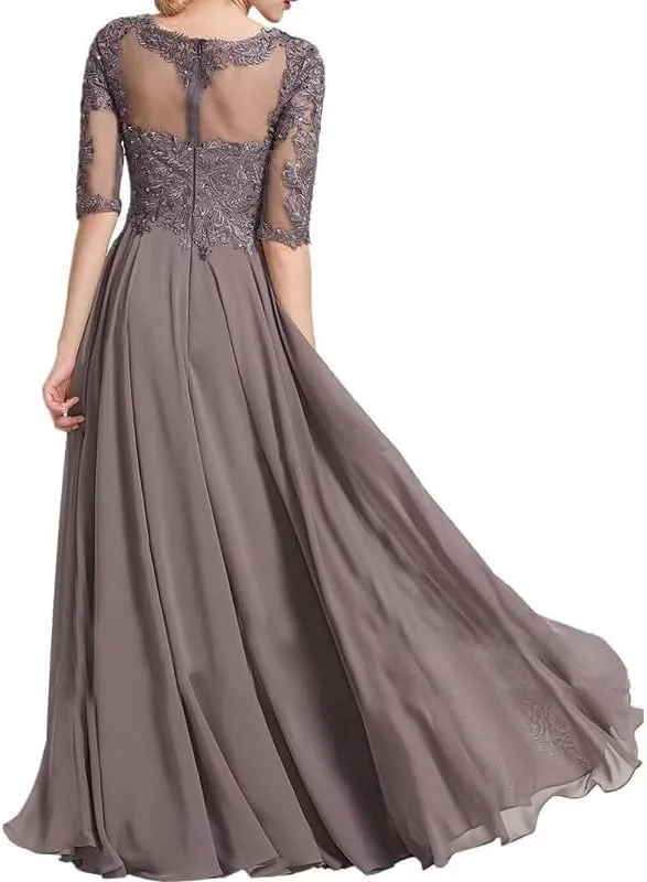 Lace Mother of The Groom Dresses Chiffon Long Evening Dress for Women Half Sleeve Beaded Formal Wedding Dresses
