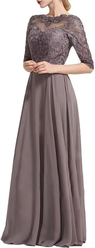 Lace Mother of The Groom Dresses Chiffon Long Evening Dress for Women Half Sleeve Beaded Formal Wedding Dresses