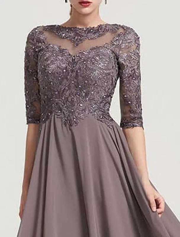 Lace Mother of The Groom Dresses Chiffon Long Evening Dress for Women Half Sleeve Beaded Formal Wedding Dresses