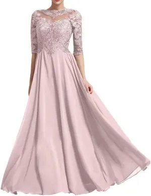 Lace Mother of The Groom Dresses Chiffon Long Evening Dress for Women Half Sleeve Beaded Formal Wedding Dresses