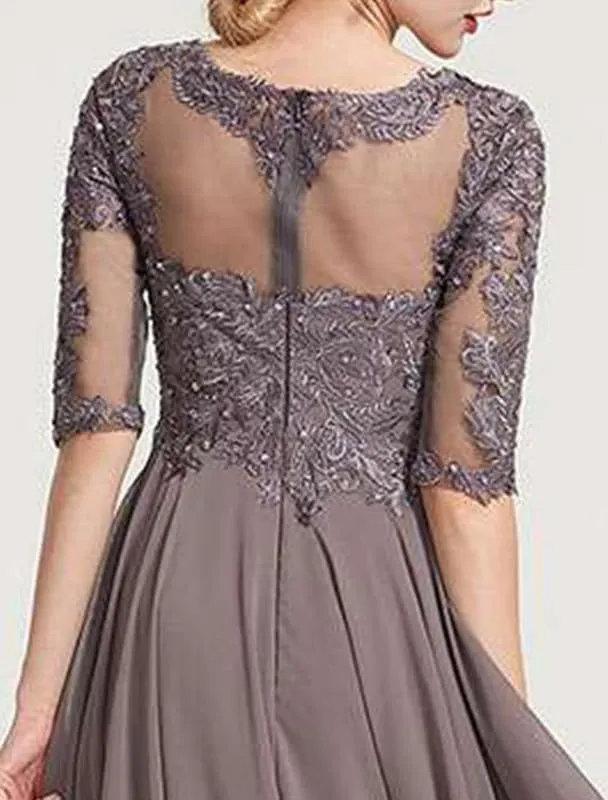 Lace Mother of The Groom Dresses Chiffon Long Evening Dress for Women Half Sleeve Beaded Formal Wedding Dresses