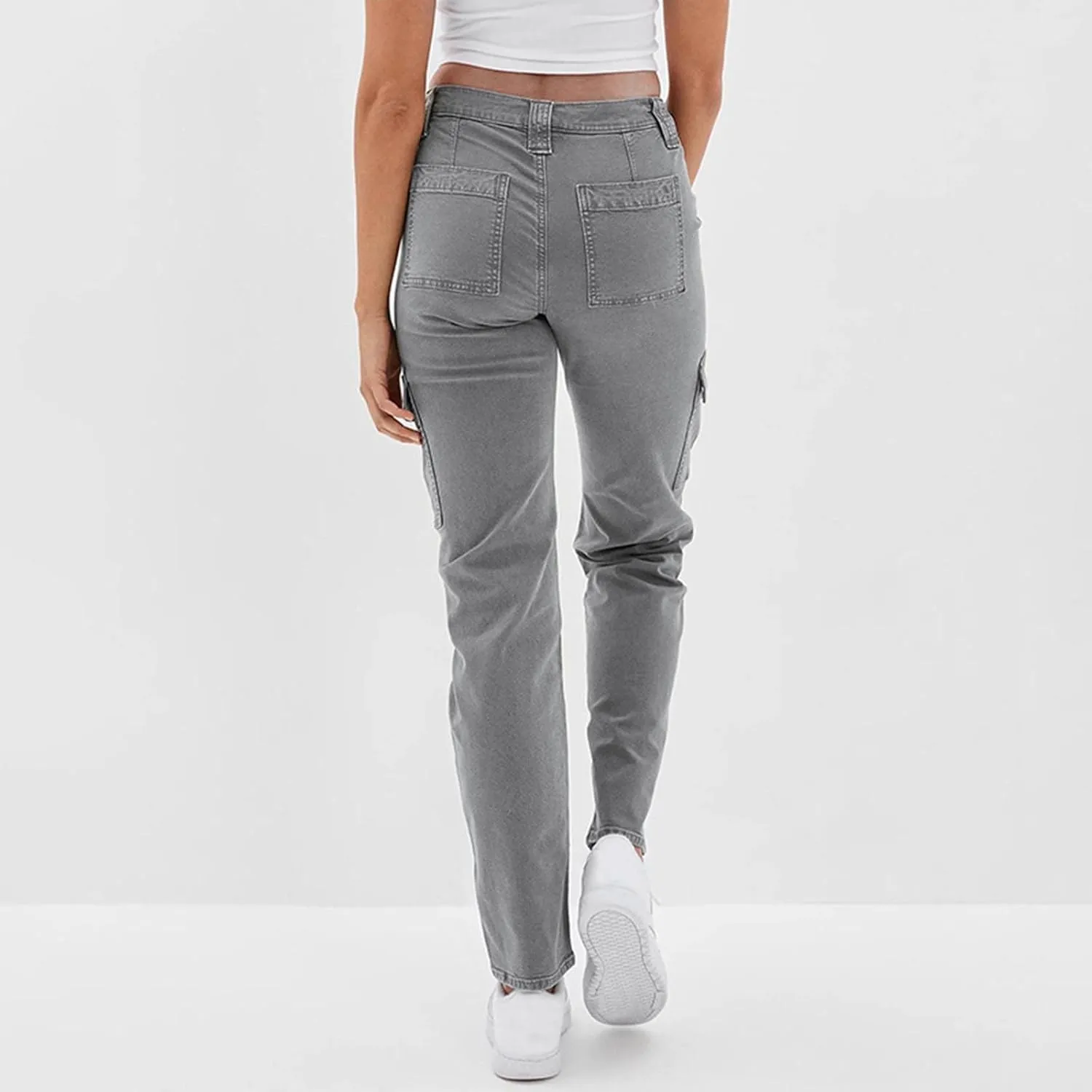 Ladies Autumn Winter High Waist Street Loose Cargo Pants Pockets Jeans Trousers Stretchy Waist