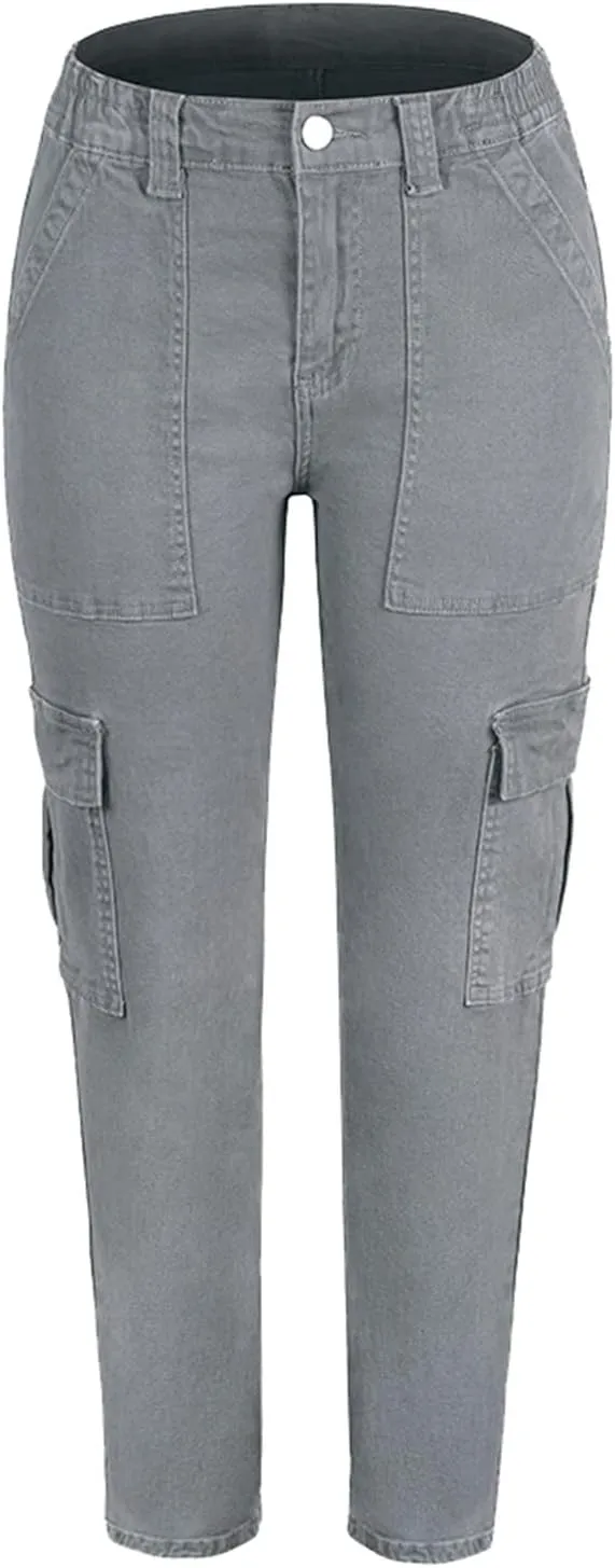 Ladies Autumn Winter High Waist Street Loose Cargo Pants Pockets Jeans Trousers Stretchy Waist