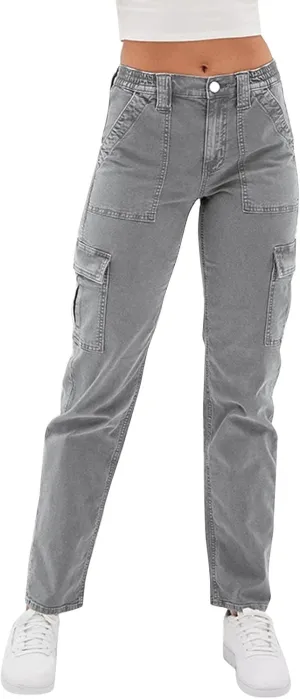 Ladies Autumn Winter High Waist Street Loose Cargo Pants Pockets Jeans Trousers Stretchy Waist