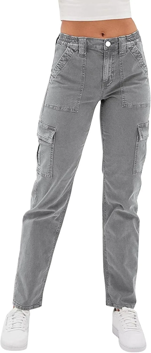 Ladies Autumn Winter High Waist Street Loose Cargo Pants Pockets Jeans Trousers Stretchy Waist