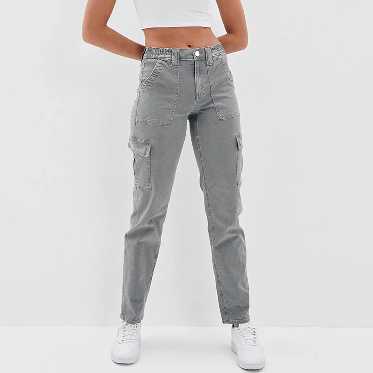 Ladies Autumn Winter High Waist Street Loose Cargo Pants Pockets Jeans Trousers Stretchy Waist