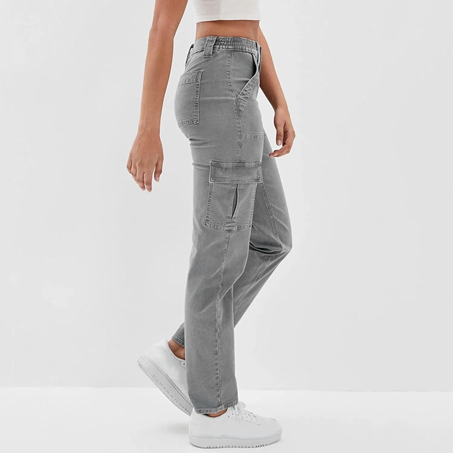 Ladies Autumn Winter High Waist Street Loose Cargo Pants Pockets Jeans Trousers Stretchy Waist