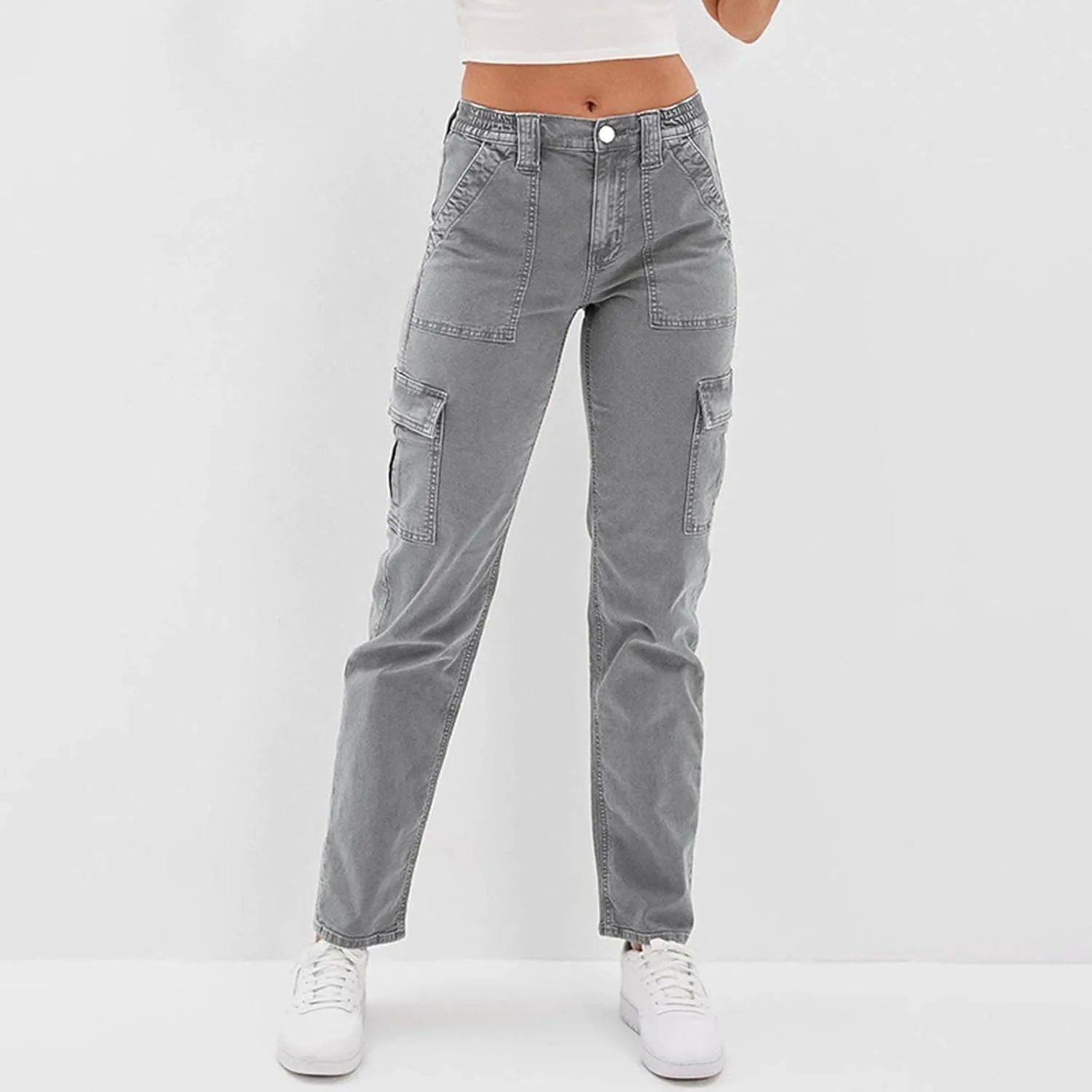 Ladies Autumn Winter High Waist Street Loose Cargo Pants Pockets Jeans Trousers Stretchy Waist