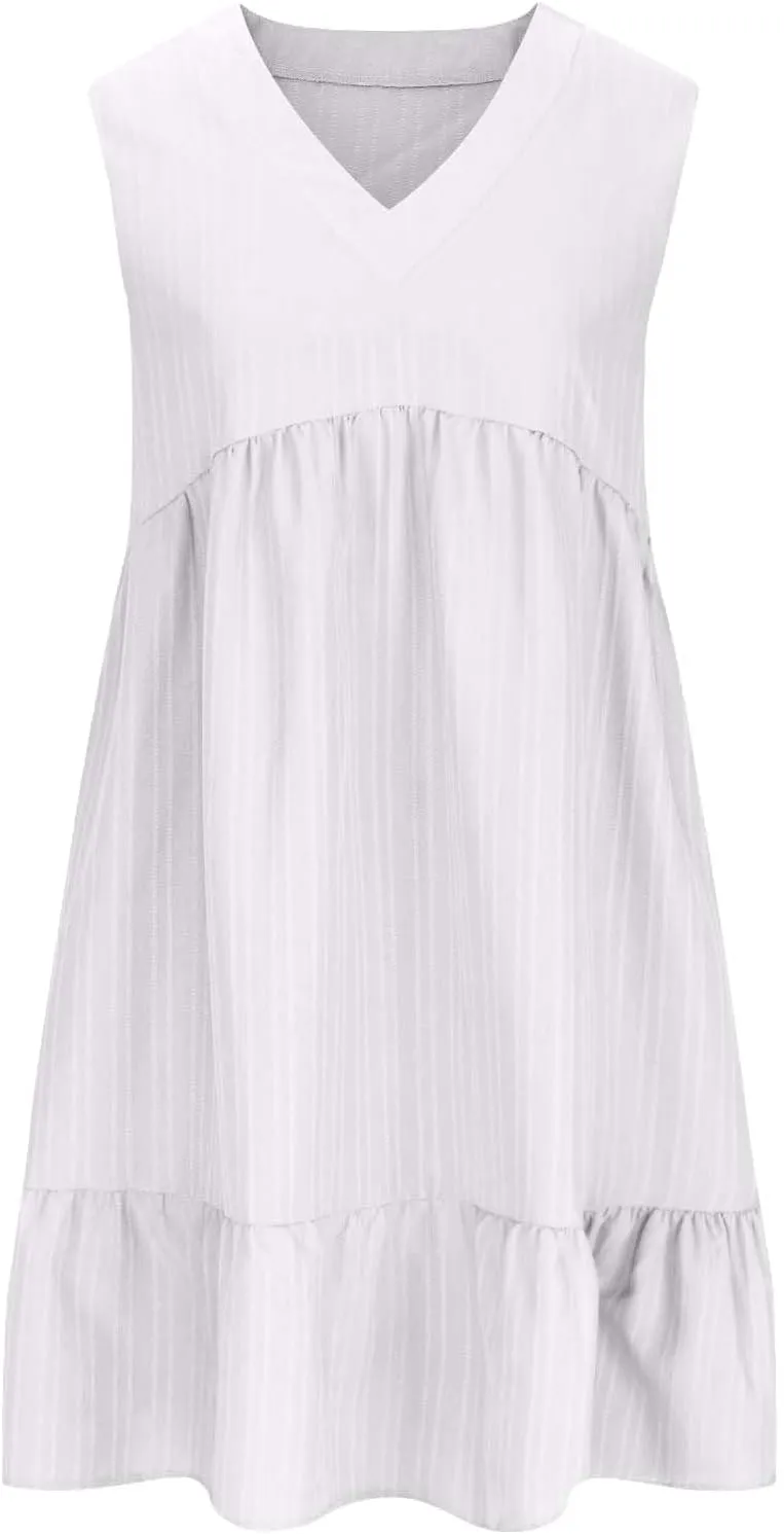 LEMONONSTORE Summer Tunic Tank Dresses for Women Sleeveless Swing A Line Mini Dress Beach Flowy Boho Pleated Ruffle Sundress