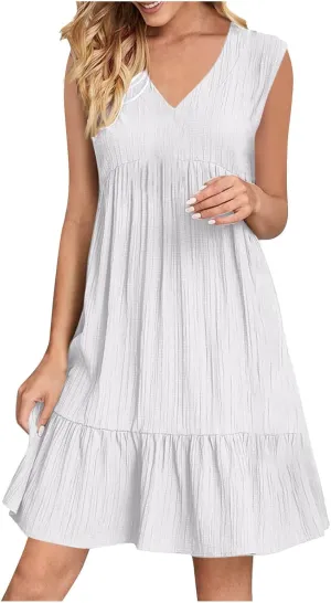 LEMONONSTORE Summer Tunic Tank Dresses for Women Sleeveless Swing A Line Mini Dress Beach Flowy Boho Pleated Ruffle Sundress
