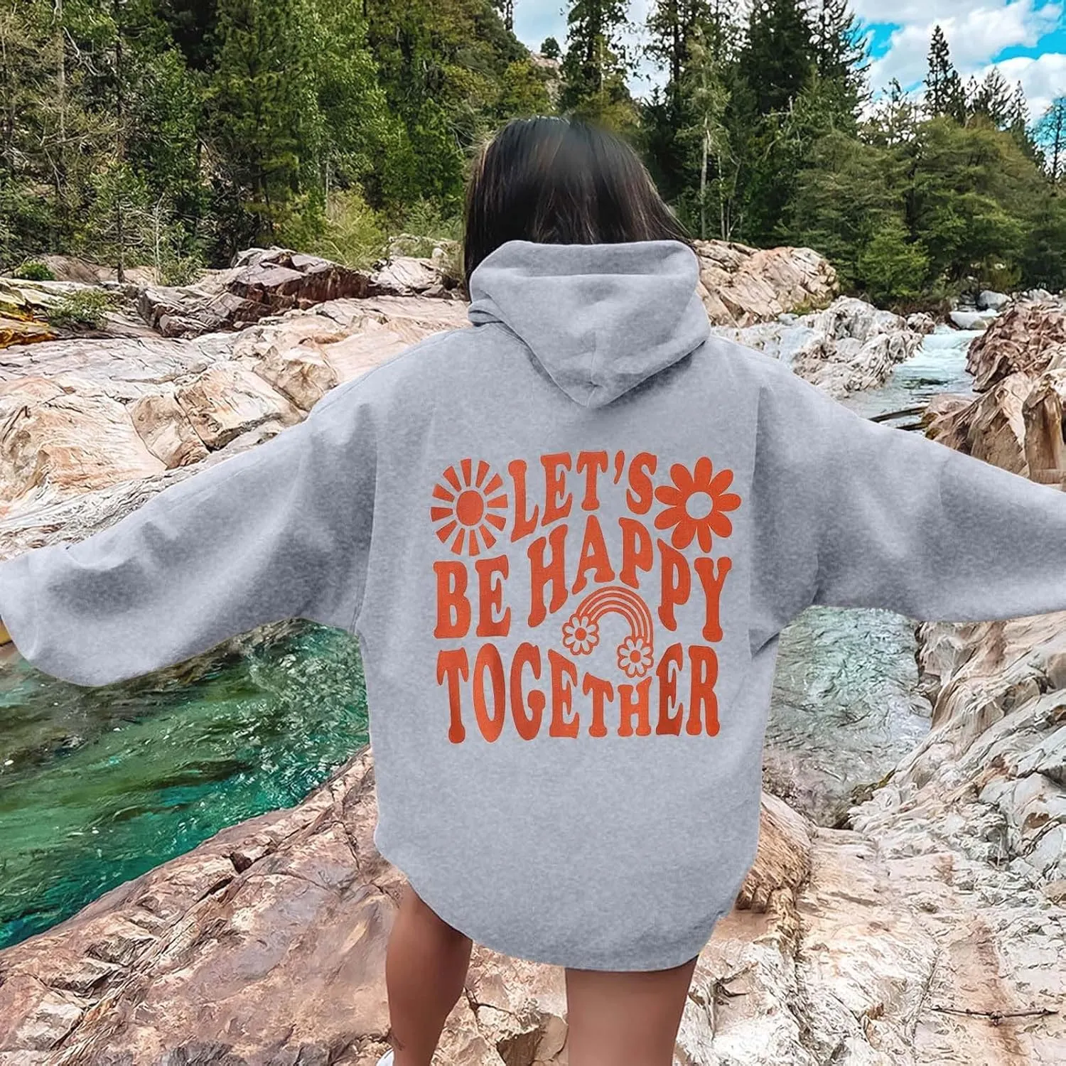 Let'S Be Happy Together Oversized Hoodies For Women Casual Long Sleeve Letter Printed Pullover Hooded Pocket Hoodie