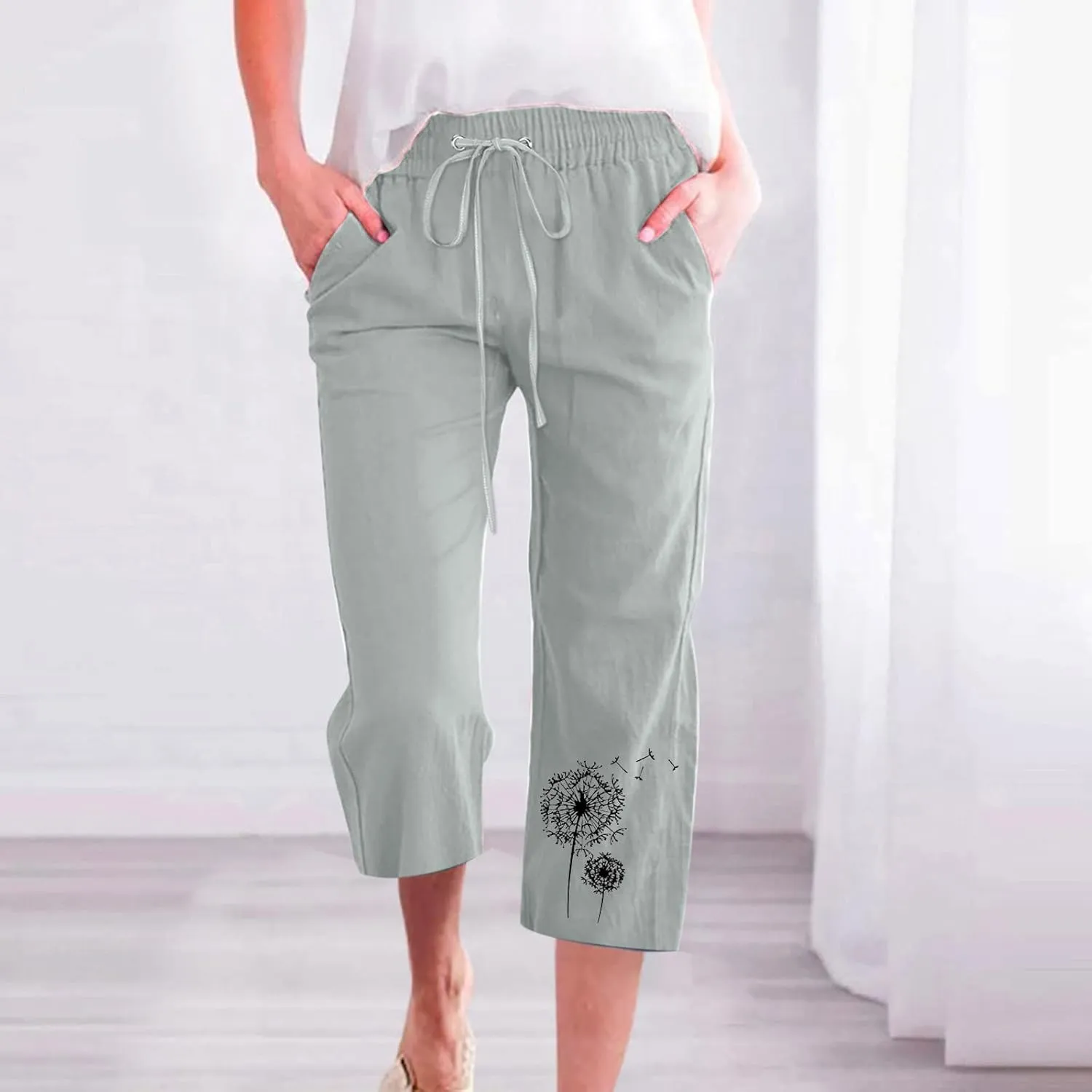 LFEOOST Summer Women Capri Pants High Waist Linen Lounge Pants Dandelion Graphic Drawstring Straight Wide Leg Trousers Pocket