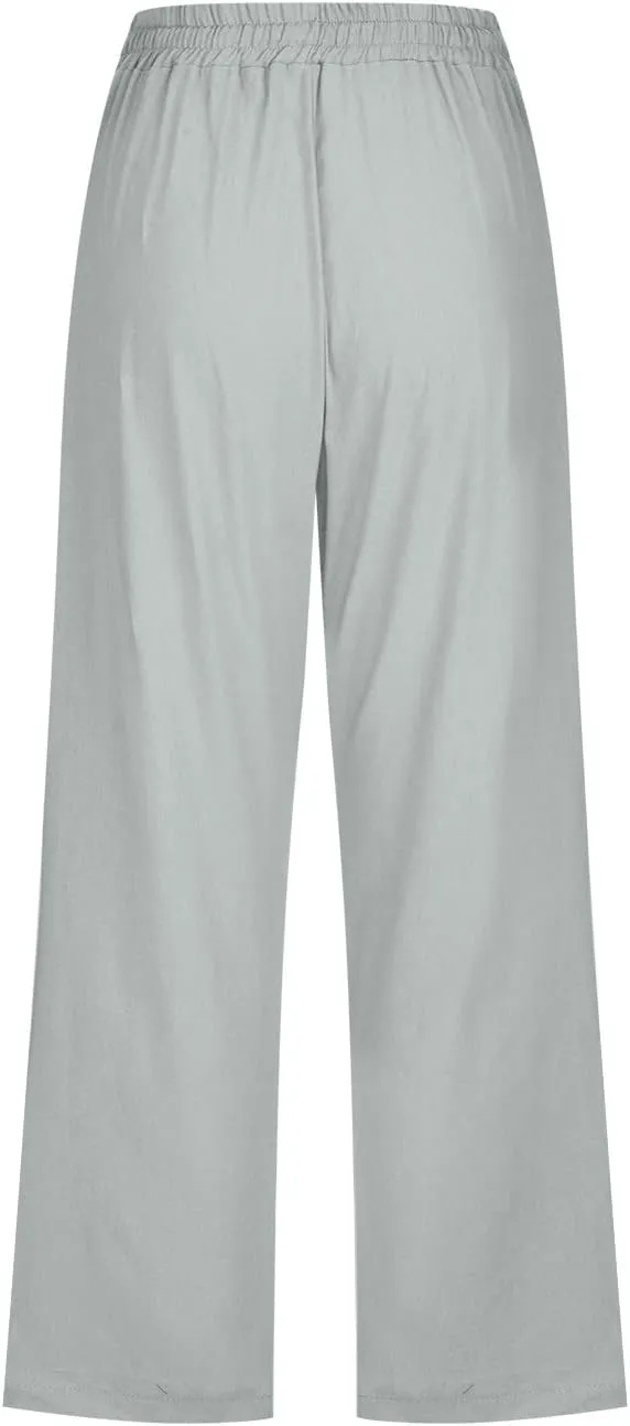LFEOOST Summer Women Capri Pants High Waist Linen Lounge Pants Dandelion Graphic Drawstring Straight Wide Leg Trousers Pocket