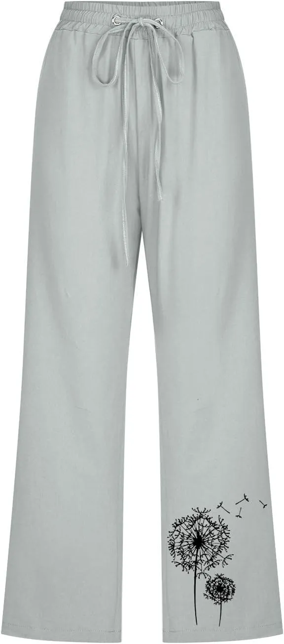 LFEOOST Summer Women Capri Pants High Waist Linen Lounge Pants Dandelion Graphic Drawstring Straight Wide Leg Trousers Pocket