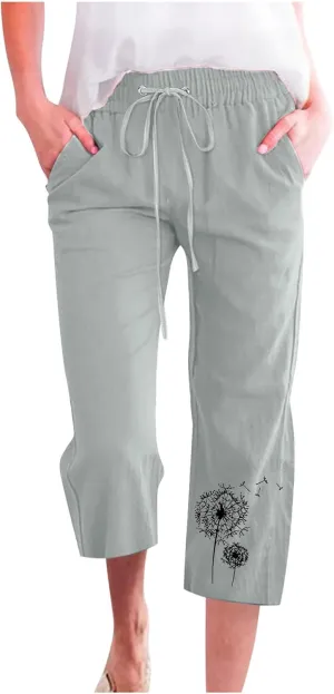 LFEOOST Summer Women Capri Pants High Waist Linen Lounge Pants Dandelion Graphic Drawstring Straight Wide Leg Trousers Pocket