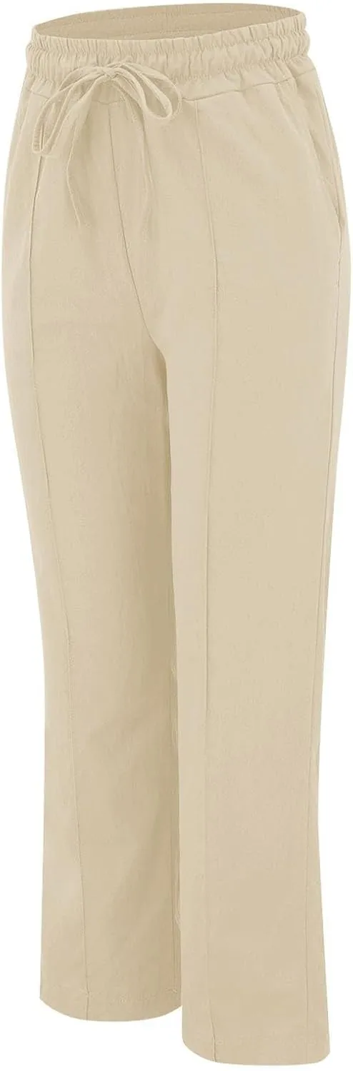 Linen Pants for Women Elastic High Waisted Straight Leg Trousers Pants Loose Casual Summer Dress Pants with Pockets