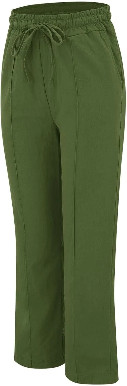 Linen Pants for Women Elastic High Waisted Straight Leg Trousers Pants Loose Casual Summer Dress Pants with Pockets