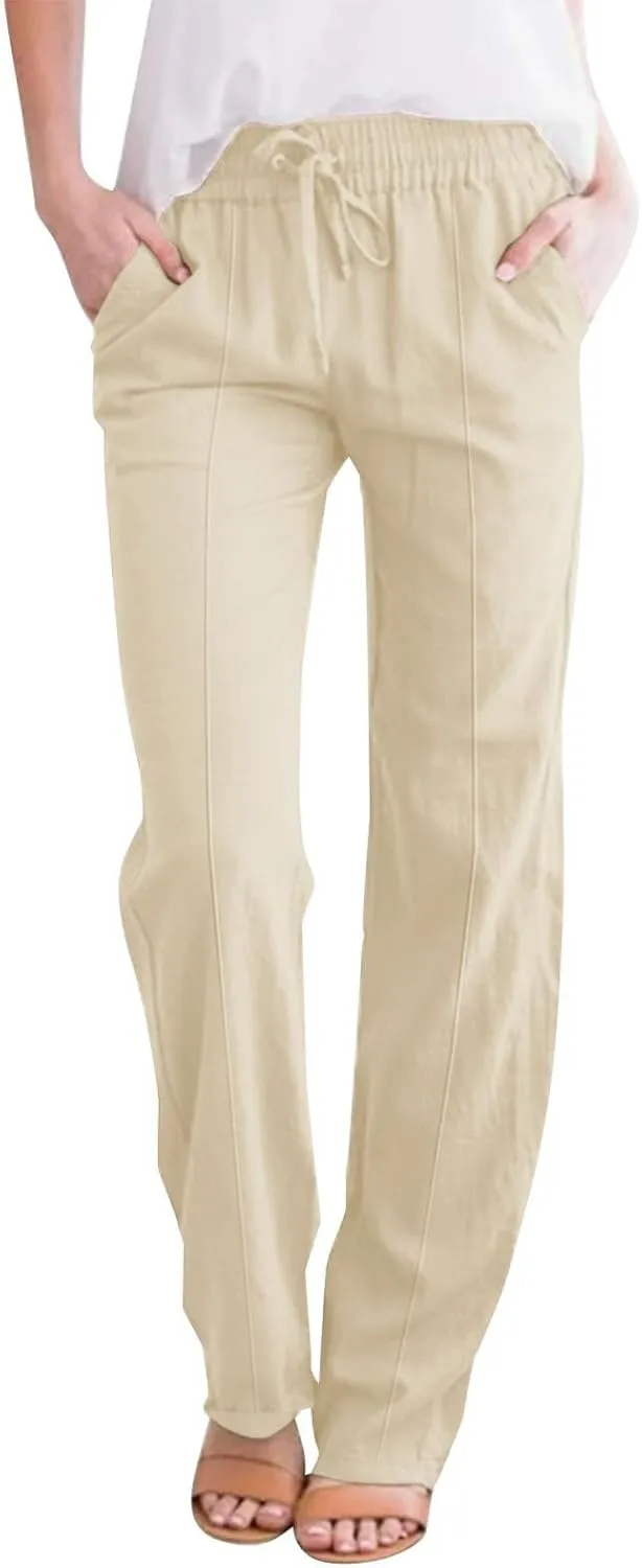 Linen Pants for Women Elastic High Waisted Straight Leg Trousers Pants Loose Casual Summer Dress Pants with Pockets