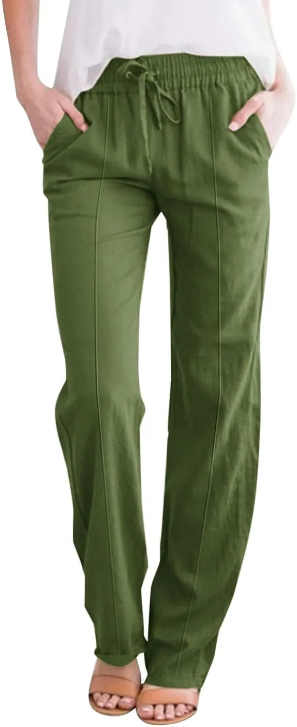 Linen Pants for Women Elastic High Waisted Straight Leg Trousers Pants Loose Casual Summer Dress Pants with Pockets