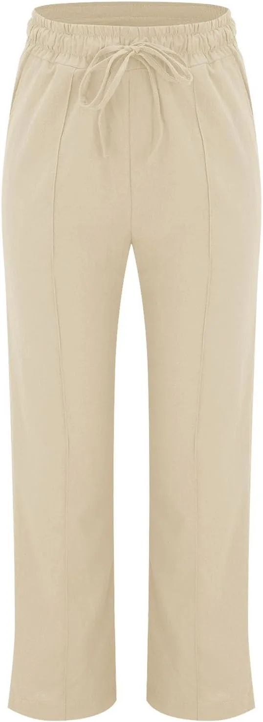 Linen Pants for Women Elastic High Waisted Straight Leg Trousers Pants Loose Casual Summer Dress Pants with Pockets
