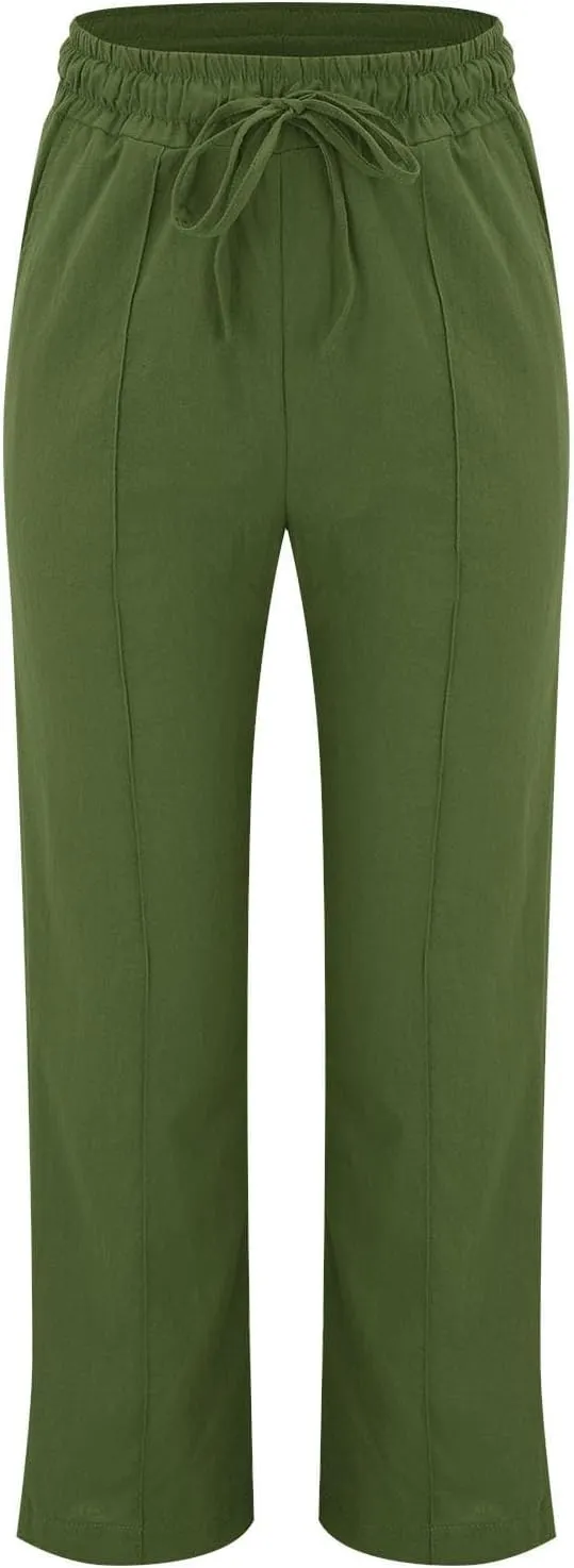 Linen Pants for Women Elastic High Waisted Straight Leg Trousers Pants Loose Casual Summer Dress Pants with Pockets