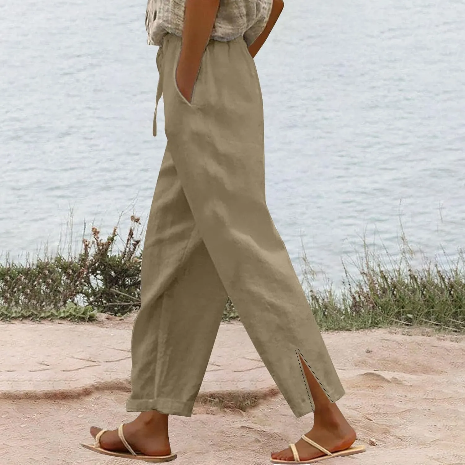Linen Pants for Women Summer High Waist Elastic Straight Leg Lounge Pant Casual Loose Lightweight Beach Trousers 2025