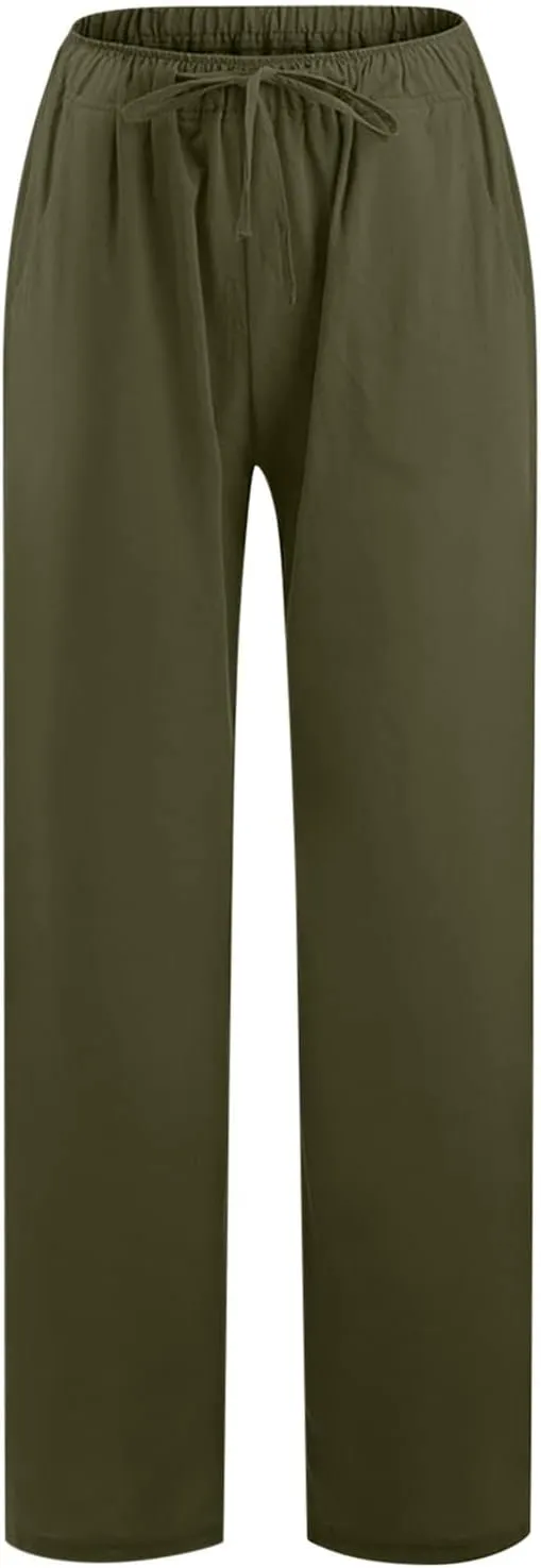 Linen Pants Women 2025 Summer Drawstring High Waist Wide Leg Trousers with Pockets Flowy Straight Vacation Outfits