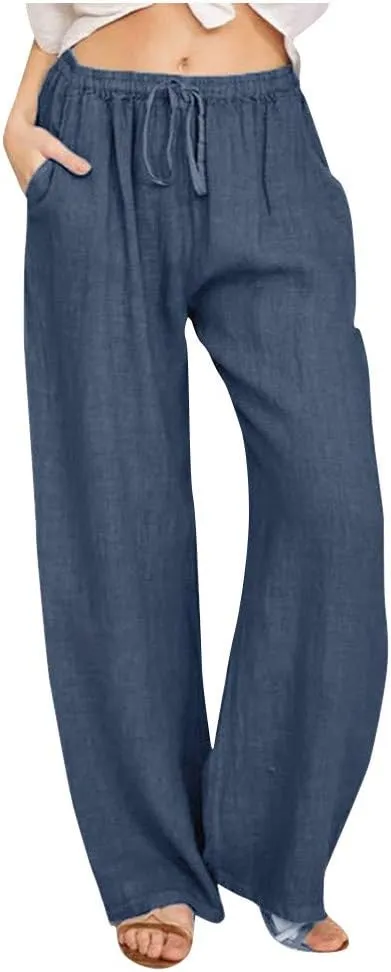 Linen Pants Women 2025 Summer Drawstring High Waist Wide Leg Trousers with Pockets Flowy Straight Vacation Outfits