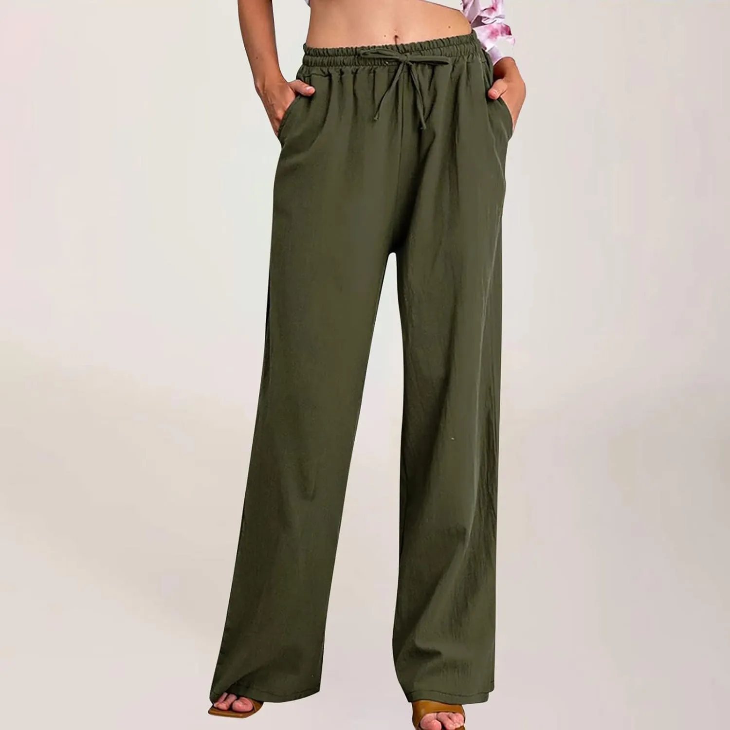 Linen Pants Women 2025 Summer Drawstring High Waist Wide Leg Trousers with Pockets Flowy Straight Vacation Outfits