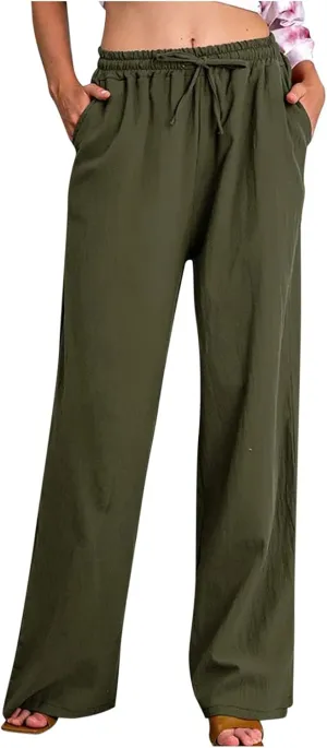 Linen Pants Women 2025 Summer Drawstring High Waist Wide Leg Trousers with Pockets Flowy Straight Vacation Outfits