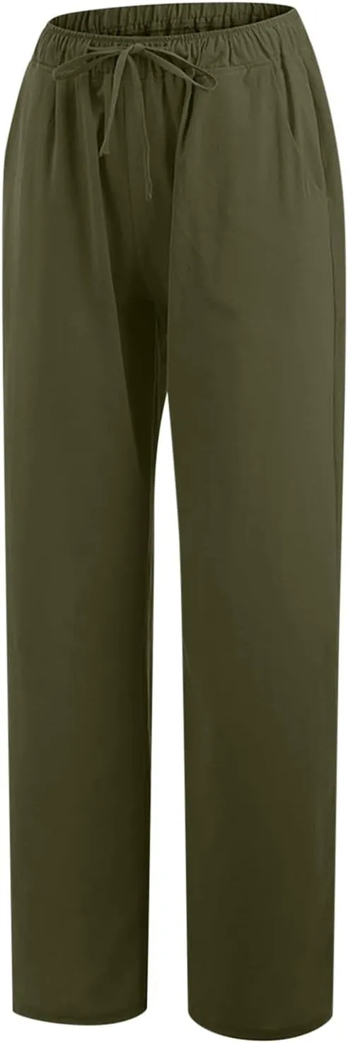 Linen Pants Women 2025 Summer Drawstring High Waist Wide Leg Trousers with Pockets Flowy Straight Vacation Outfits