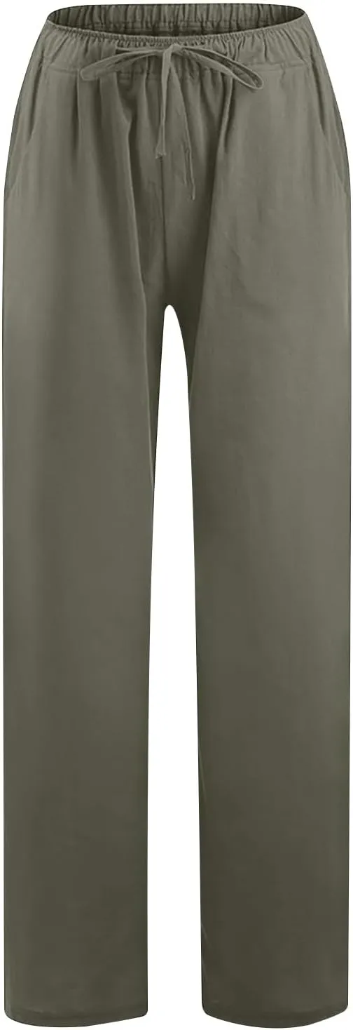 Linen Pants Women 2025 Summer Drawstring High Waist Wide Leg Trousers with Pockets Flowy Straight Vacation Outfits