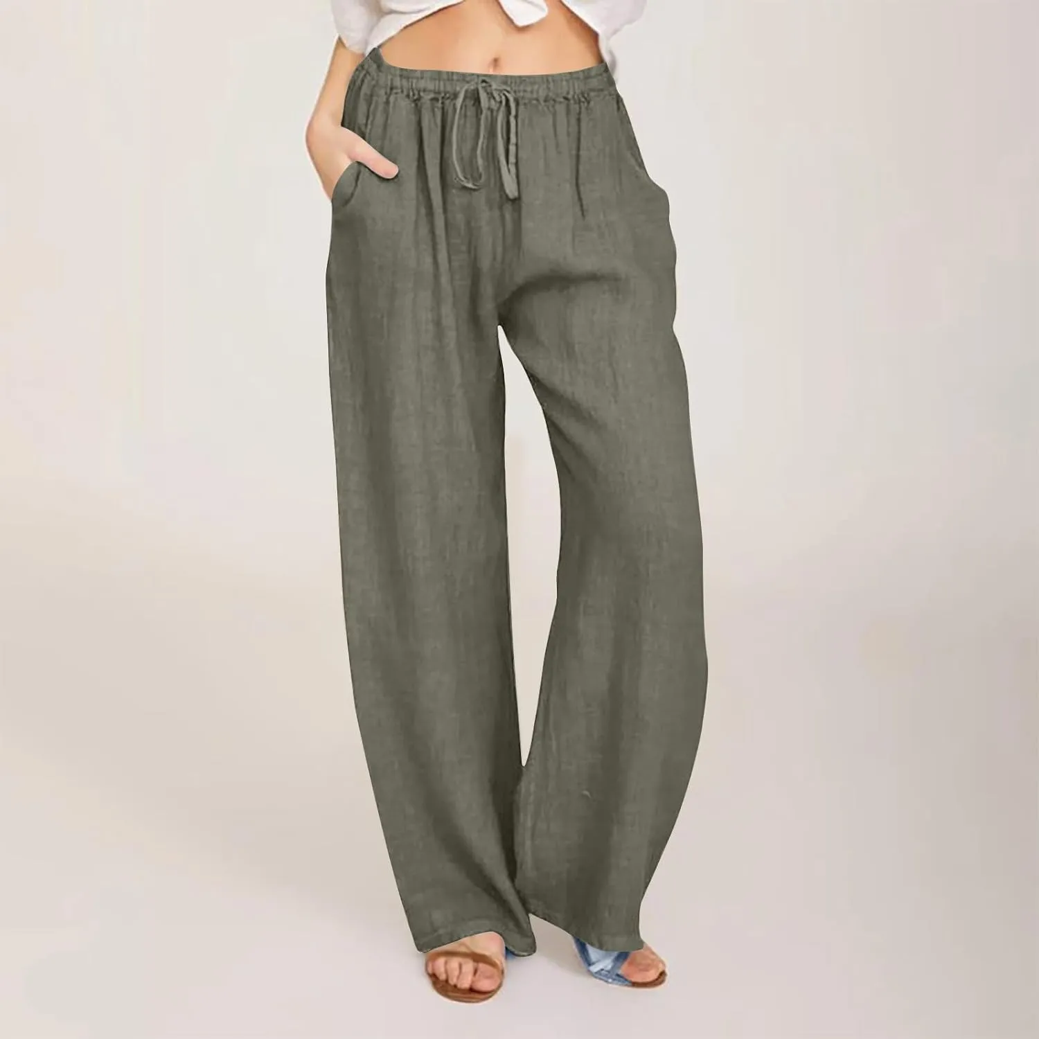 Linen Pants Women 2025 Summer Drawstring High Waist Wide Leg Trousers with Pockets Flowy Straight Vacation Outfits