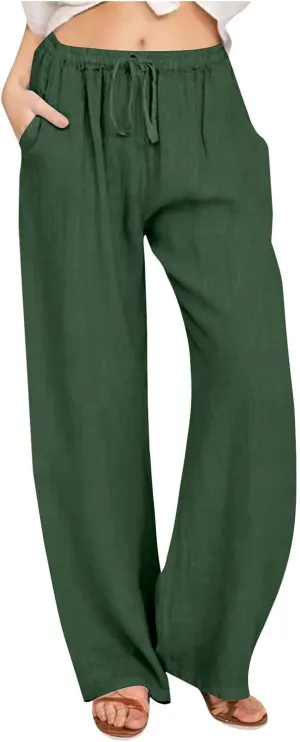 Linen Pants Women 2025 Summer Drawstring High Waist Wide Leg Trousers with Pockets Flowy Straight Vacation Outfits