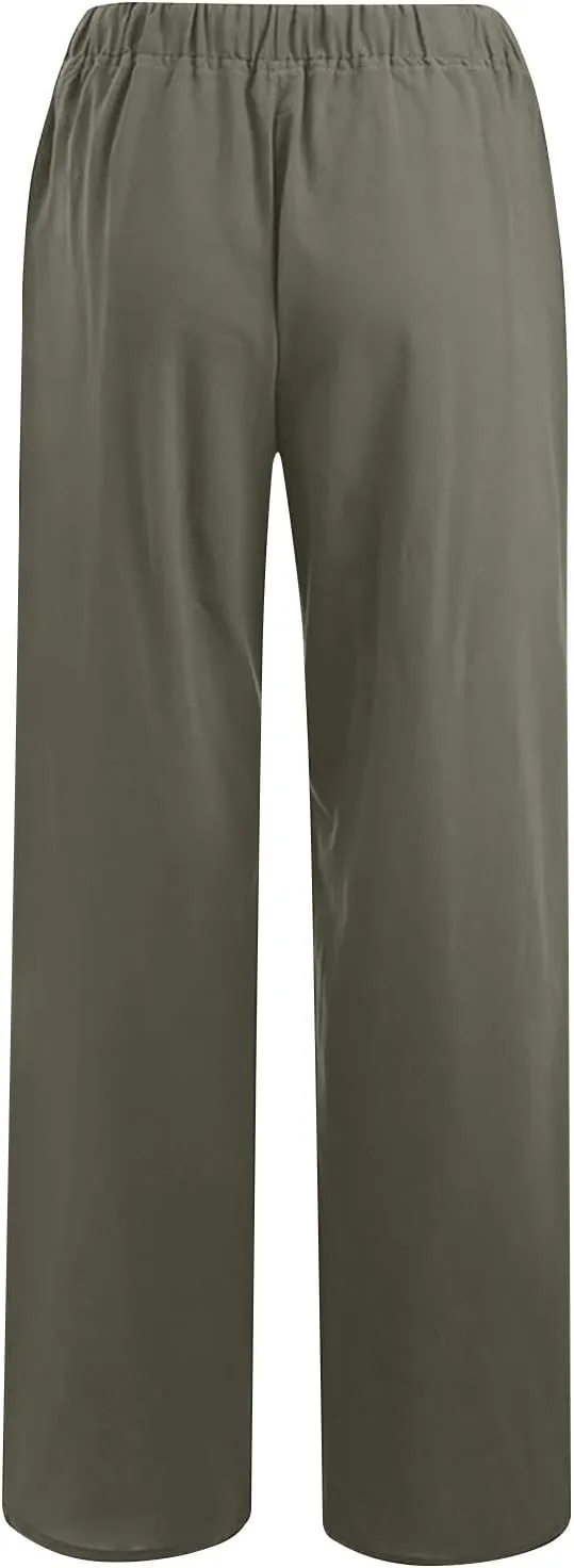 Linen Pants Women 2025 Summer Drawstring High Waist Wide Leg Trousers with Pockets Flowy Straight Vacation Outfits