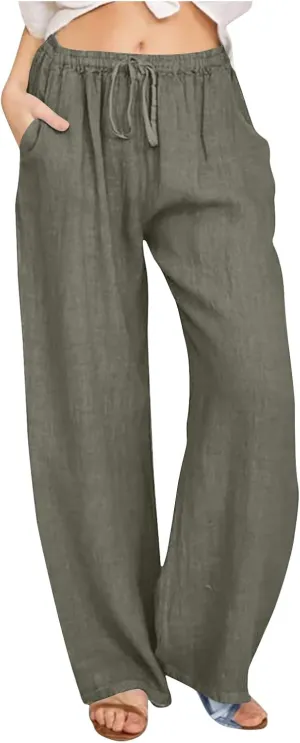 Linen Pants Women 2025 Summer Drawstring High Waist Wide Leg Trousers with Pockets Flowy Straight Vacation Outfits