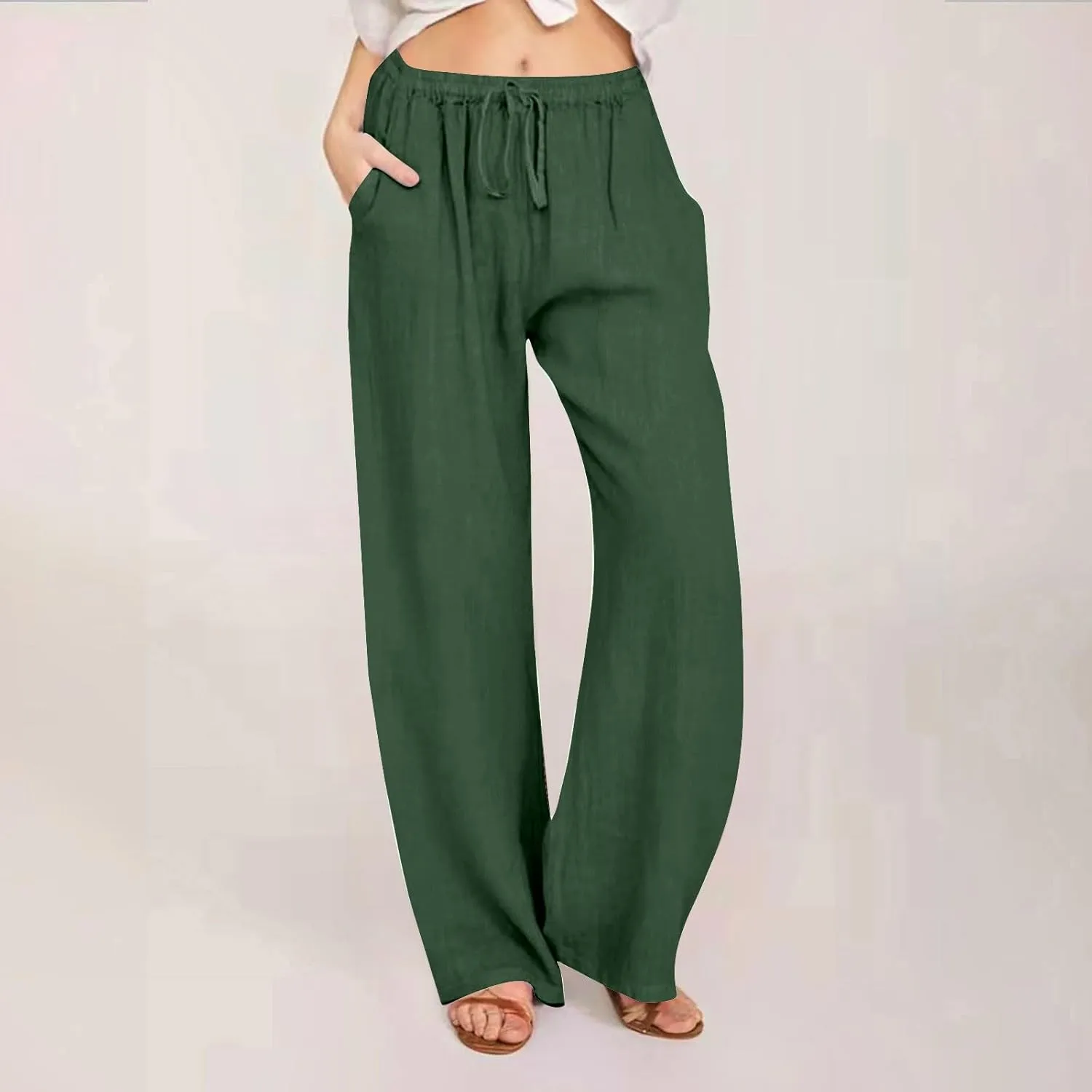 Linen Pants Women 2025 Summer Drawstring High Waist Wide Leg Trousers with Pockets Flowy Straight Vacation Outfits